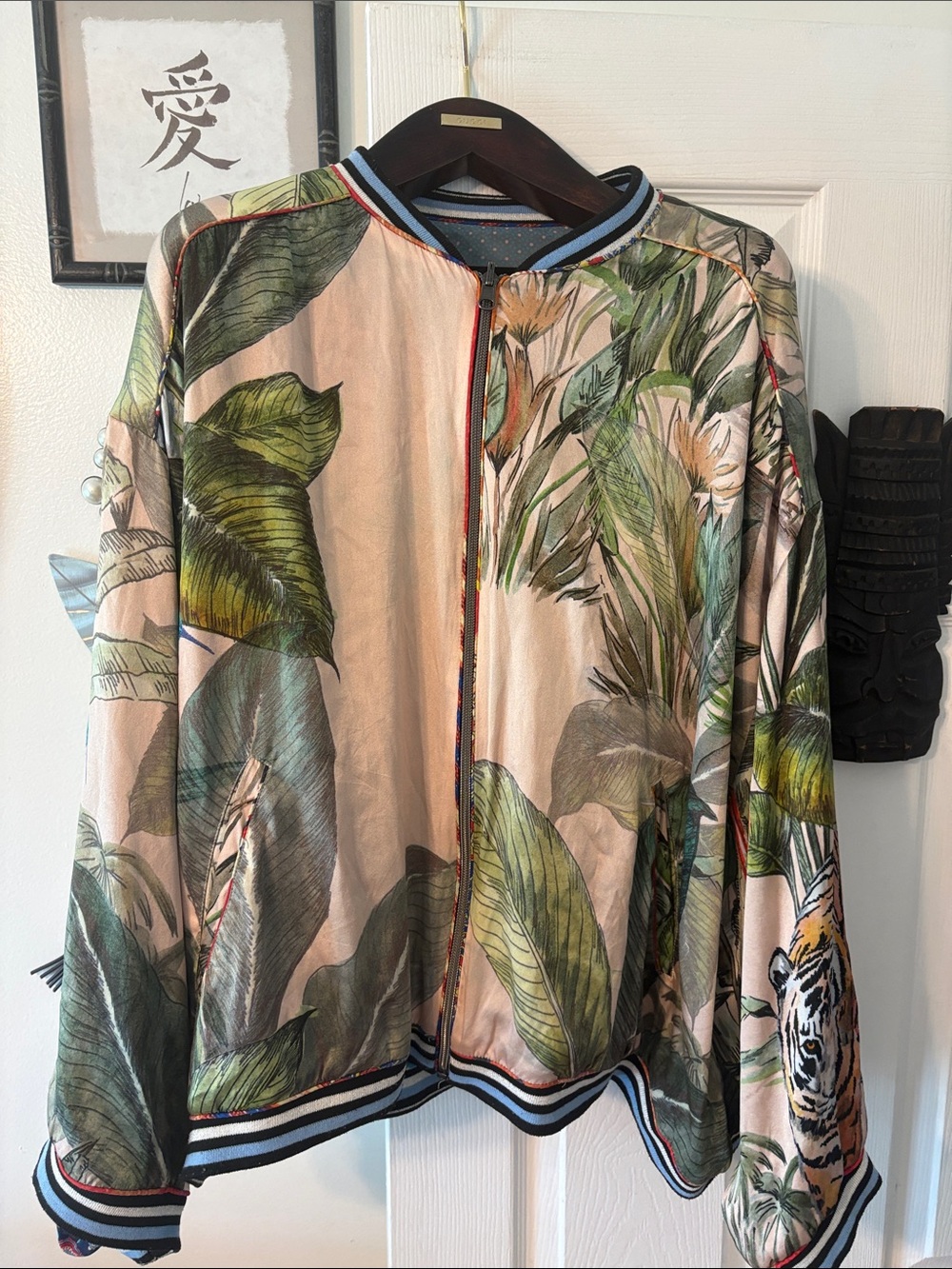 Johnny Was Tropical Leaf Bomber Jacket in Beige, Green